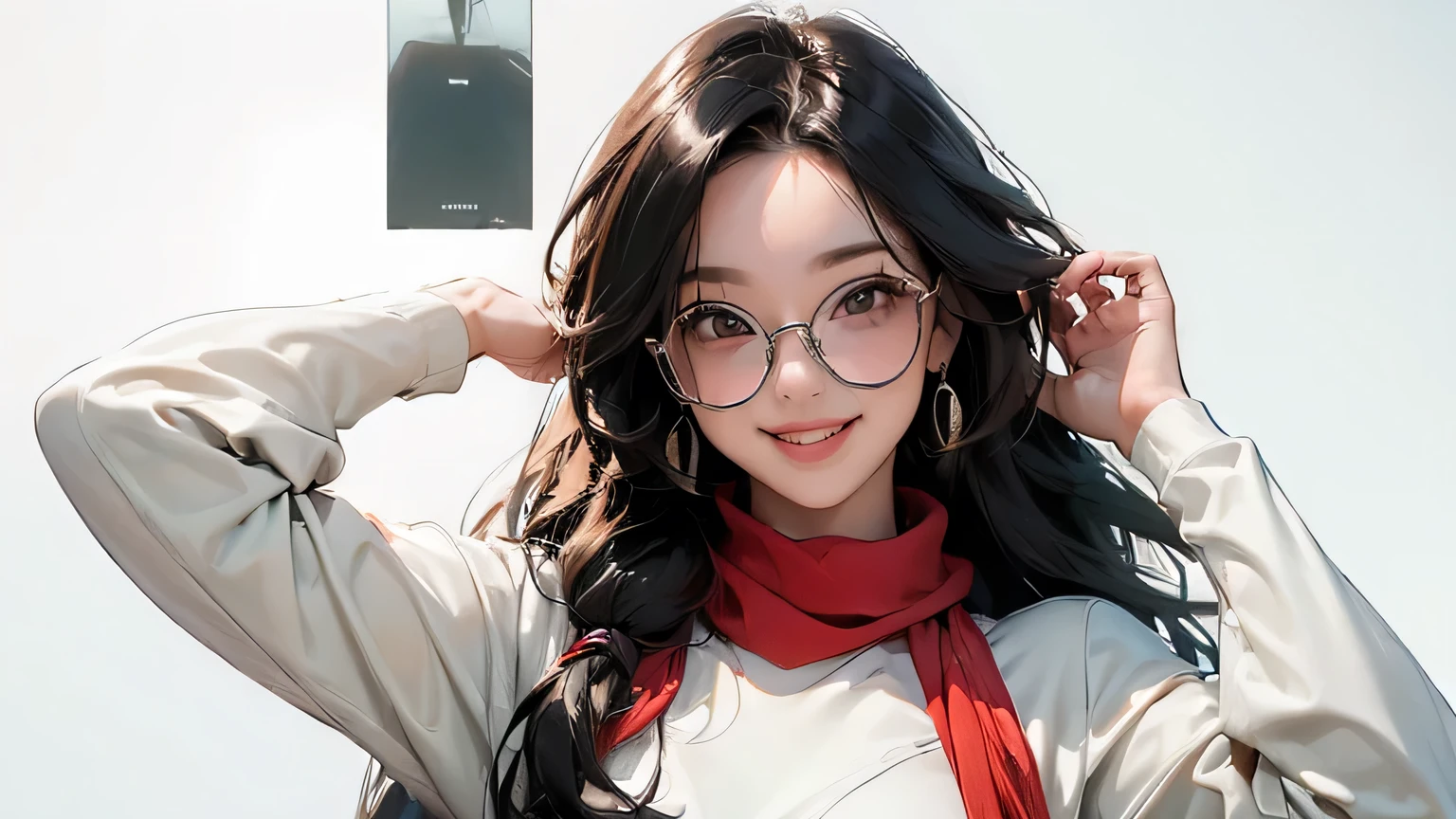 (masterpiece, best quality, 8k wallpaper, high resolution, ultra realistic), 1 woman, 1 girl with sunglasses, 18 years old, woman with long black hair, laughing, smiling, 8k, RAW portrait (Japanese woman), masterpiece, photorealistic: 1.3, realistic, ultra high resolution, highest quality, real life photo, (in the evening: 1.1), ((((1 girl: 1.5))))(cute face: 1.3), perfect proportions, 80s oversized sunglasses,, steampunk, col: white/green, face retouch, labrador, robot suit, chrome skin, savvy, anime cosplay, enhanced cyber, skin color –, slim bodysuit, red scarf, light colored background, two people posing. smiling, looking at you and laughing, grinning,