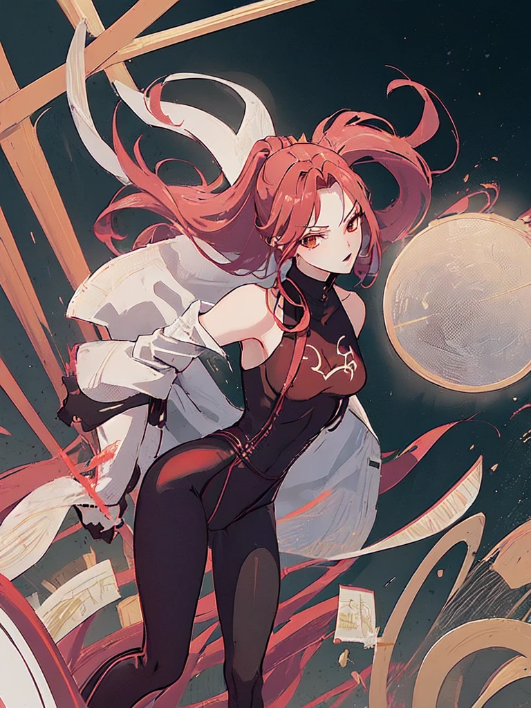 (((1 girl)),Ray Tracing,(Dim Lights),[Detailed background (Nightclub)),((Red hair)),((Red hair)),(Red hair, Busty and slim girl)) High Ponytail)))) Avoid blonde eyes in the ominous Nightclub卡座((((Girl wearing black high-waisted pants and tights with delicate embroidery) ), Show off your slender figure and beautiful curves, Correct limbs,