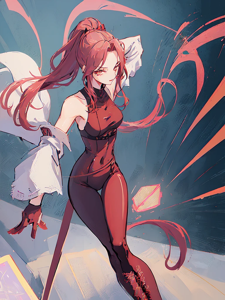 (((1 girl)),Ray Tracing,(Dim Lights),[Detailed background (Nightclub)),((Red hair)),((Red hair)),(Red hair, Busty and slim girl)) High Ponytail)))) Avoid blonde eyes in the ominous Nightclub卡座((((Girl wearing black high-waisted pants and tights with delicate embroidery) ), Show off your slender figure and beautiful curves, Correct limbs,