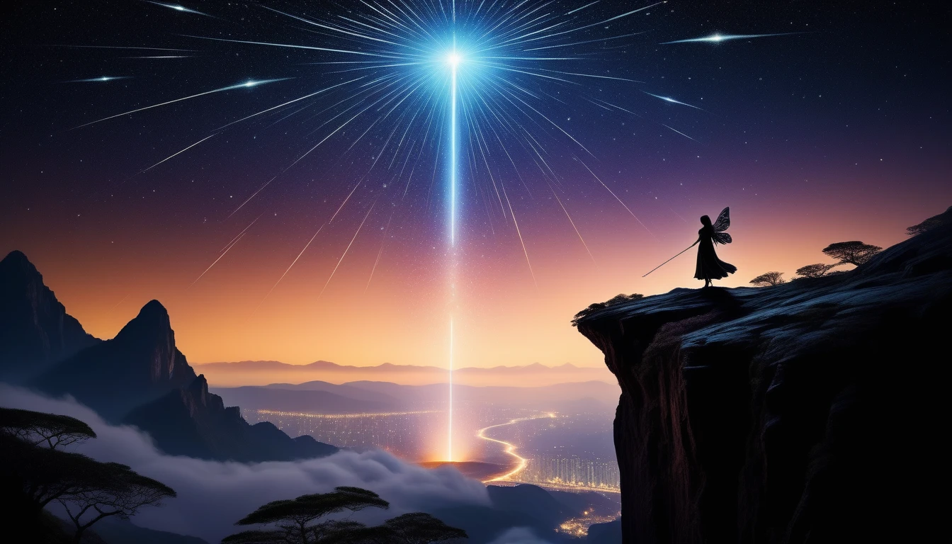 (((Stylish and hazy:1.3))), (((Parallel Cyber Fairy Grunge Style:1.3))), (((Stunningly detailed illustration of a meteor shower:1.5))), Adorned with intricate and ornate robes, Standing on a cliff, (((Majestic meteor detail in background:1.3))), (((Stunning intricately detailed digitally painted illustrations:1.3))), High Contrast, Behold the stunning beauty, Radiant power and determination, Intricate Design, From a touch of grandeur to highly detailed and intricate renderings, Incredible detail and craftsmanship, Add in every intricate detail, lovingly rendered, Create visually stunning and dynamic scenes, Fierce and determined spirit, The robe is a masterpiece, 非常にIntricate Design, (((The epitome of quality and craftsmanship:1.3))), (((Radiosity rendered in stunning 32K resolution beauty:1.3))), (((最high quality:1.3))), (((high quality:1.1))), (((最high quality:1.3))),