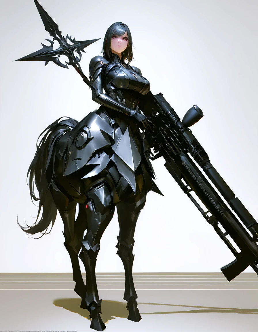 extremely clear 8K wallpaper, extremely delicate and detailed face:1.3, absurdres, masterpiece, by Guweiz,full body, ivory background, a centaur-type android girl, the upper body has a slightly human-like structure with an Odin motif., one of her eyes is equipped with an optical lens for shooting at targets., she holds a massive sniper rifle with an ominous design based on Gungnir's spear., the lower body is based on Sleipnir., it has eight legs with a matte black color and each hoof is made of metal shines dully. ,