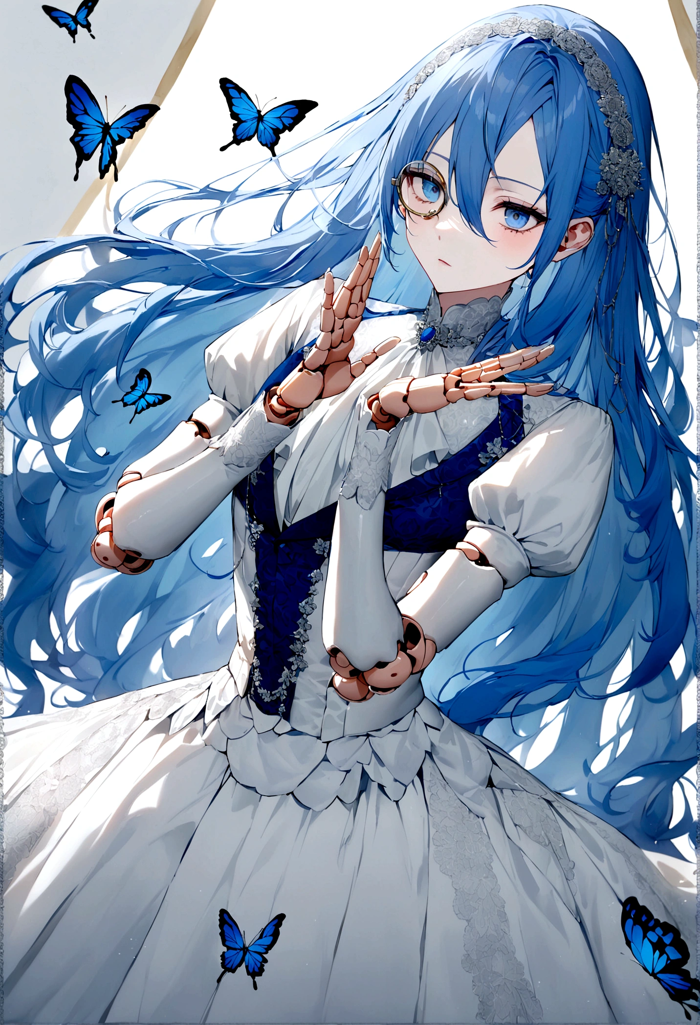 (masculine) (man) (man de Navy blue hair muy largo) (long hair de color azul marino ) (long hair) (Navy blue hair) (blue eyes) (monoculo) (silver monocle) (elegant white clothes with lace) (silver lace) (porcelain, piel de porcelain) (marked doll joints) (butterflies alrededor) (butterflies) (detalles silver) (silver) (doll pose)