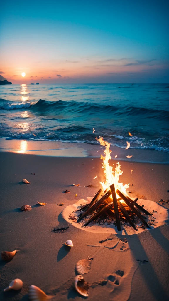 Ocean、Many beautiful shells scattered on the beach、Big bonfire、Beautiful Blue Moon、8K 、Professional