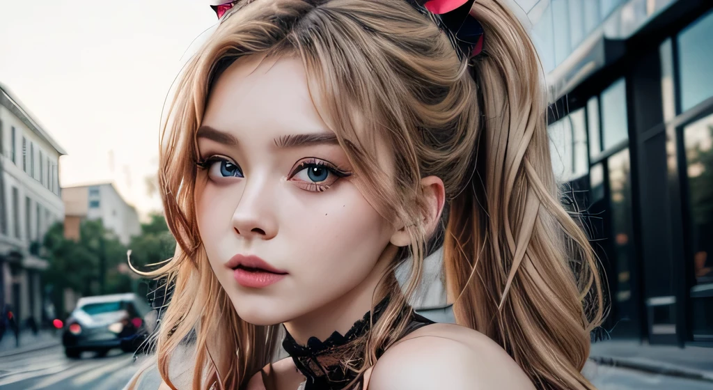 Create a high-quality digital image of a voluptuous woman standing in an urban setting with modern buildings and a cement pavement. She has long, wavy blonde hair styled in two high ponytails with red ribbons. Her face is oval-shaped with expressive blue eyes, thin well-defined eyebrows, long curved eyelashes, and full pink lips. She is dressed in a shiny black corset with black and red lace details, laced up in the front. She is wearing long red leather gloves that reach her forearms, and a black lace thong. She has black garters attached to sheer black stockings, each adorned with red ribbons and bows. Additionally, she is wearing a black choker with a metallic ring in the center. Ensure her facial features are proportional and natural-looking.
