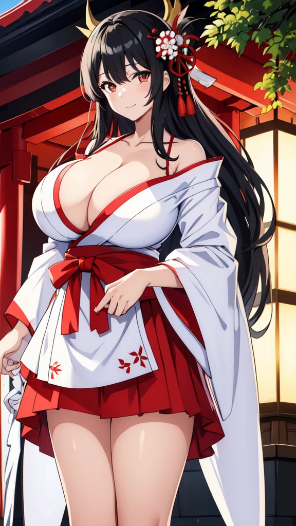 Girl in Japanese shrine maiden outfit, smile, Showing her breasts, (Huge breasts:1.6, Cleavage, Black Hair, Long Hair), White hair ornament, ribbon,White kimono, Shoulder-exposing sleeves, open-chested costume, Short skirt, Red Skirt, (upskirt),