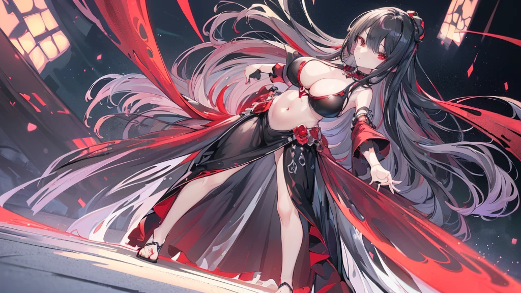 (Exquisite eyes),(Clear and beautiful eyes:1.61),masterpiece, ung girl,(Black clothes and some red gems), Black long hair, (She has a huge red gem on her chest), Good Hand,((The Havoc of StarCraft)),full-body shot,Fighting Stance,(Red Eyes:1.466),short and small,(Very big breasts:1.35),(Pretty Face),(full-body shot:1.33),Beautiful hands