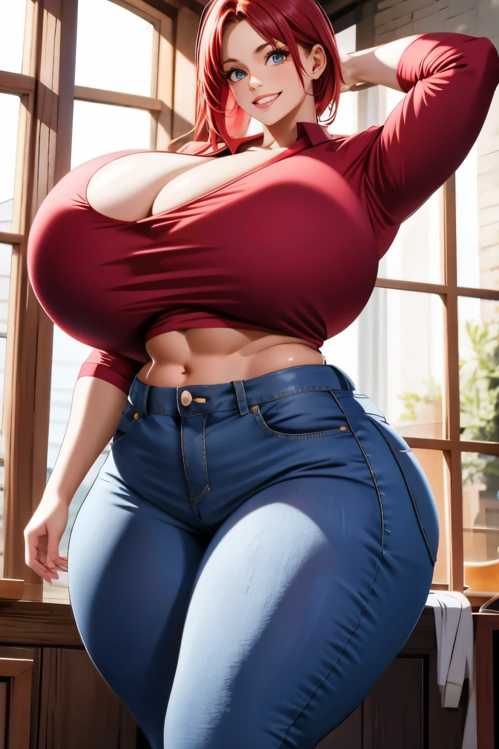a lady with giant breasts posing in front of an open window in a field, 1girl, freckles, breasts, nipples, shirt, solo, red hair, open shirt, pants, open clothes, gigantic breasts, plaid shirt, huge breasts, red shirt, denim, thick thighs, jeans, body freckles, thighs, smile, curvy, arms up, ripped, muscular