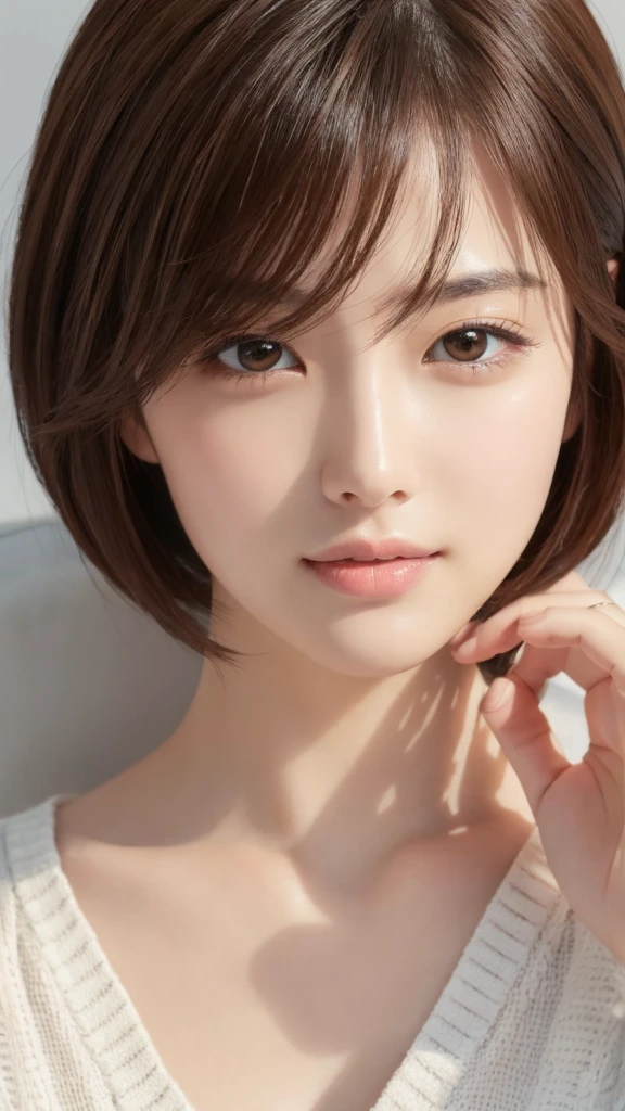 masterpiece、Highest quality、High resolution、Tabletop、wallpaper、Realistic、Bright lighting、Professional Lighting、Face Light、Smooth lighting、Japanese women、Adult、Beautiful woman、action、gravure、sexy、poor、so beautiful、Beautiful Skin、Beautiful and exquisite、Detailed face、slim、moderately、short hair、Brunette colored hair、Brown eyes、Looking into the camera、
