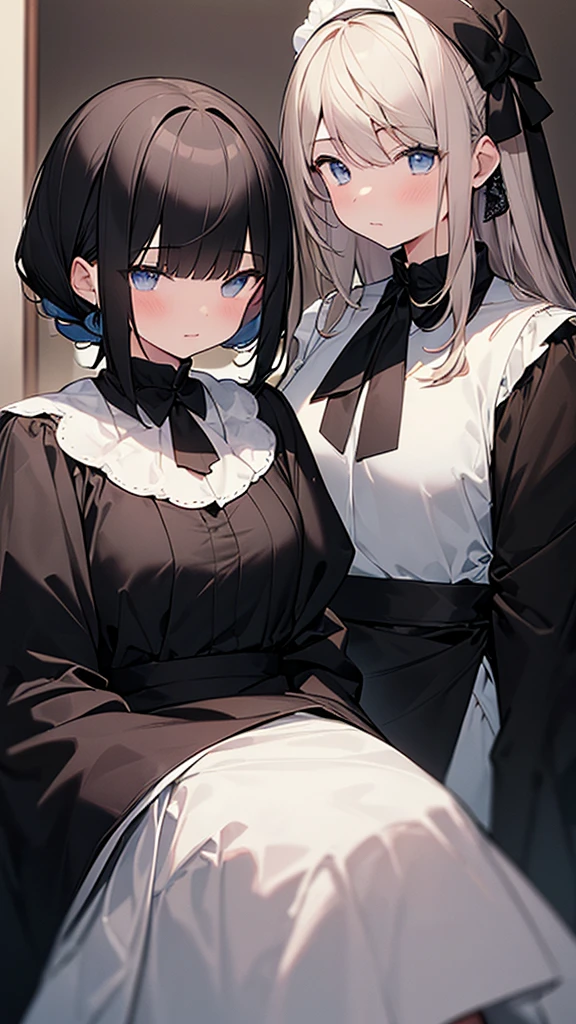 ((masterpiece)), (Highest quality、32k), (Simple style), (Faceless,Face peeling), 2 Girls, A faceless young lady and her maid with a young lady's face, Big Breasts, Big Swing Chest, Wearing a face stolen from someone else, Sexy body, Sleeveless, No sleeve, Off the shoulder, Black Dress, Pleated lace, Lace dress, black knee socks. Standing, whole body, both hands touch the face, Luxurious Room, {{A young lady who used her face-peeling ability to peel off the face of a young lady, leaving her face blank, and a maid who transplanted the peeled face onto her own face.}}, Browsing Caution, NSFW