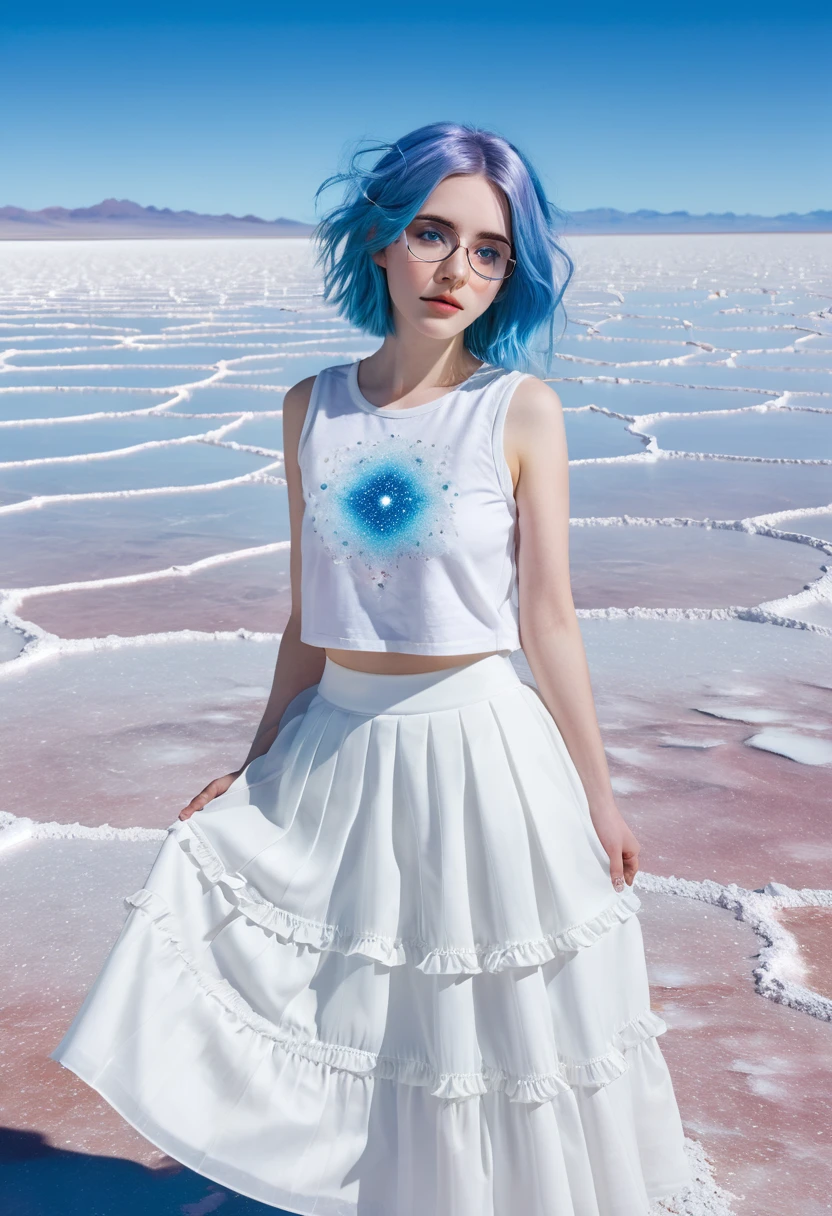 absurd, high resolution, (Official Art, beautiful and aesthetic:1.2), (myopia:1.15), (1 Girl, Blue Hair, Medium Length Hair, blue eyes, Bright Eyes, White long skirt, Blue ruffles,:1.2) Blue sky, Glittering galaxies, (Uyuni Salt Flats:1.2), (Fractal Art:0.8), Water Effects, Ripple effect, (Flower Effect: 0.65), Lighting Effects,