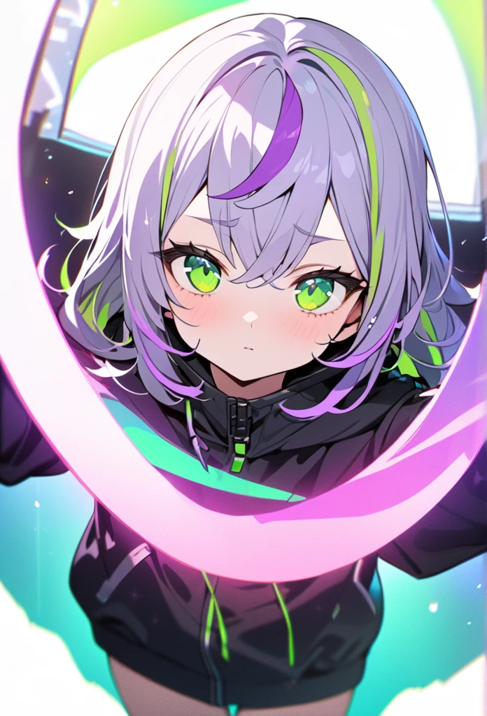 [(WHITE BACKGROUND:1.5),::5], ((((masterpiece)))), high quality, ultra very high resolution, full color, (((solo))), ((little boy)), Purple hair, ((Green streaked hair)), (Green eyes), anime, neon light, black parka, 