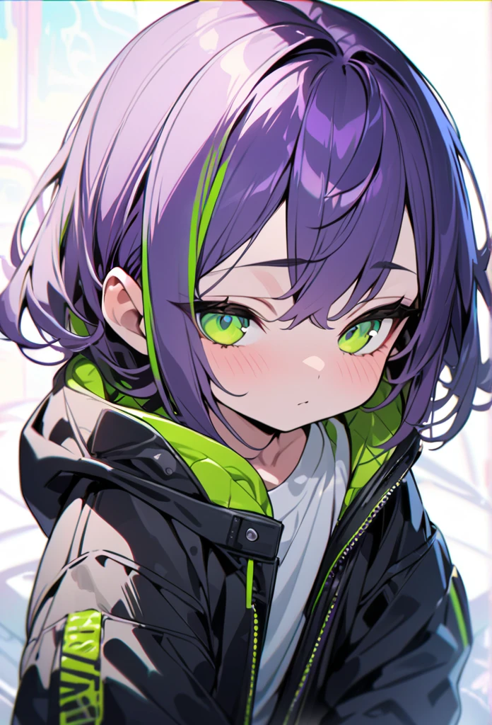 [(WHITE BACKGROUND:1.5),::5], ((((masterpiece)))), high quality, ultra very high resolution, full color, (((solo))), ((little boy)), Purple hair, ((Green streaked hair)), (Green eyes), anime, neon light, black parka, 