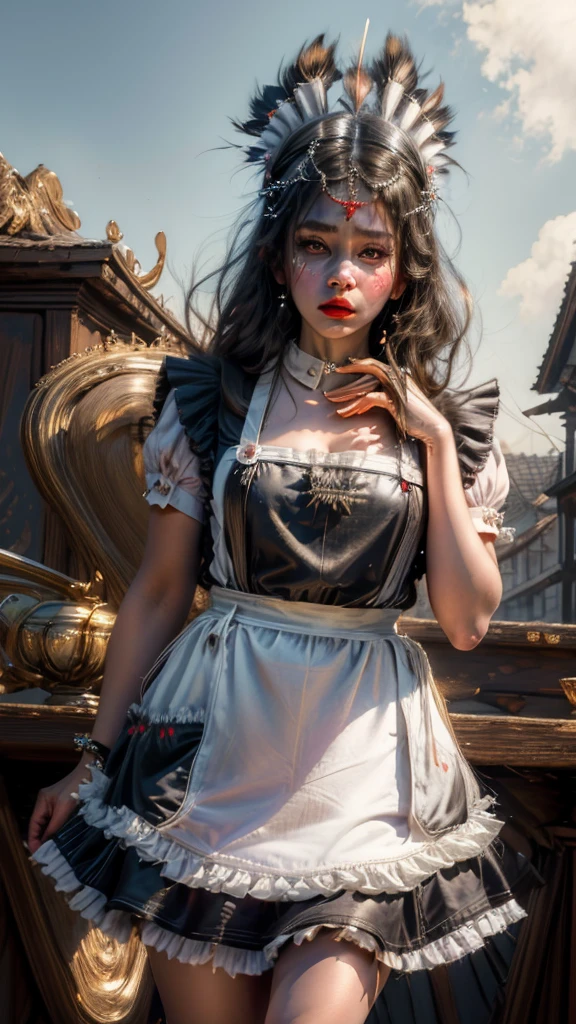 best quality, masterpiece, franziskavkarma, solo, 1girl,,embarrassed, maid headdress, maid apron, maid, facing viewer, annoyed,