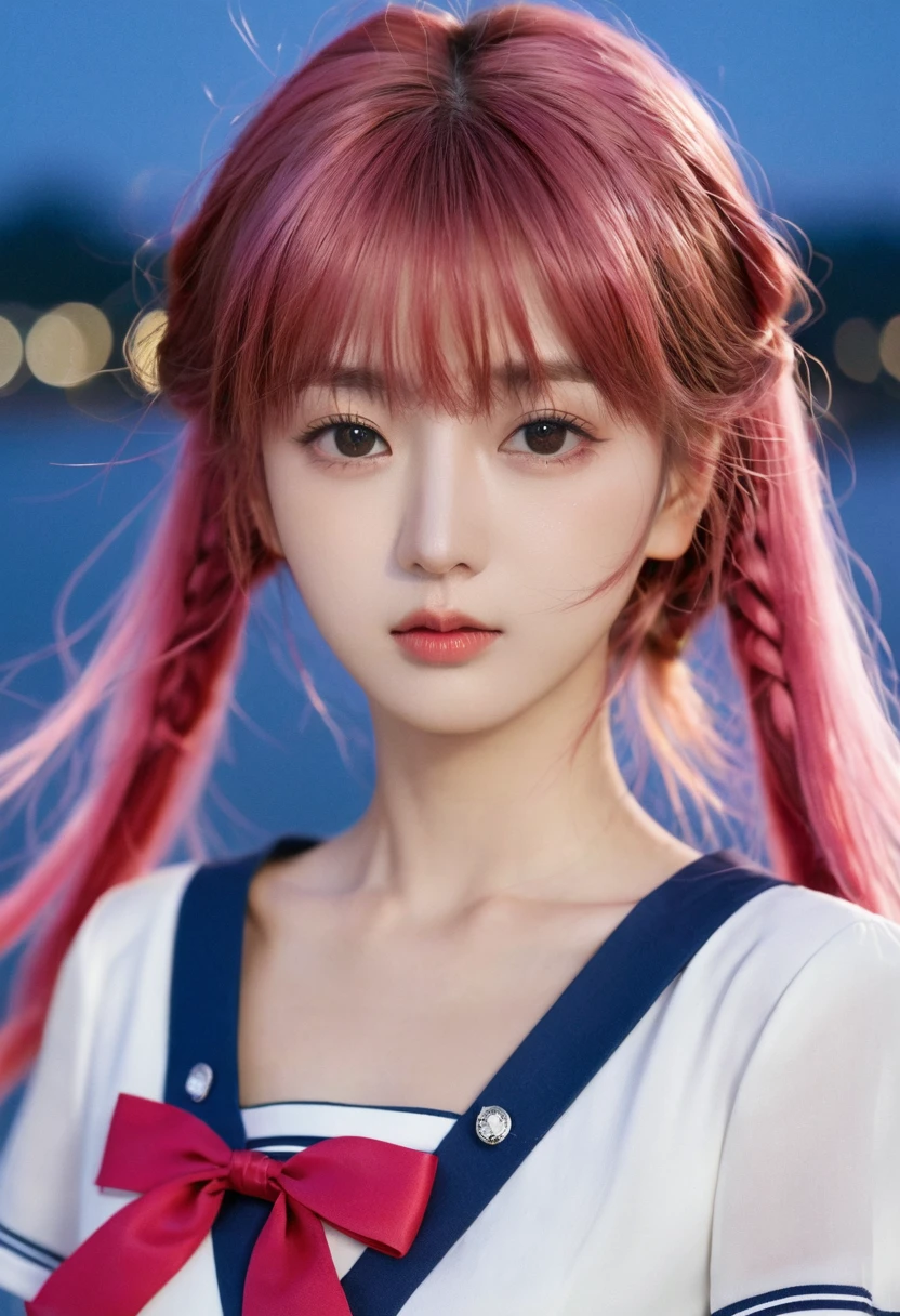 (((masterpiece: 1.5, best quality, high resolution: 1.3, Super Resolution, Super Detail, Super Detail: 1.3, Rich background: 1.2))), 1 girl, Solitary, Green Eyes, Pink long hair,Tied with a blue ribbon, Bangs, Cute hairpin, Uniforms, White Seraphon, Red sailor collar, Short sleeve, Blue pleated skirt, (outdoor), ((city center), (crowd), ((Japanese style: 1.3)), landscape, ((night)), dark, (Low light: 1.1), moon, (moonlight: 1.2), ((Dynamic Light: 1.4)), ((Head close-up))))))