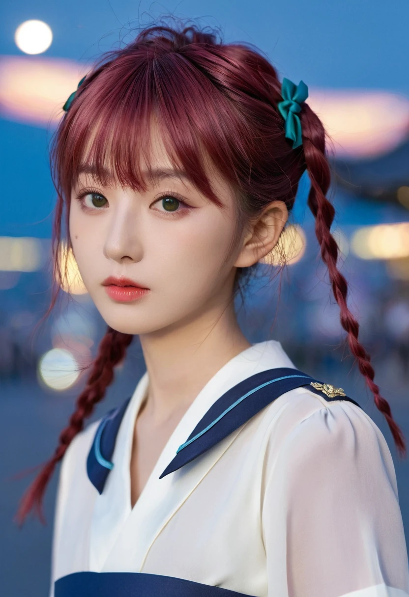 (((masterpiece: 1.5, best quality, high resolution: 1.3, Super Resolution, Super Detail, Super Detail: 1.3, Rich background: 1.2))), 1 girl, Solitary, Green Eyes, Pink long hair，Tied with a blue ribbon, Bangs, Cute hairpin, Uniforms, White Seraphon, Red sailor collar, Short sleeve, Blue pleated skirt, (outdoor), ((city center), (crowd), ((Japanese style: 1.3)), landscape, ((night)), dark, (Low light: 1.1), moon, (moonlight: 1.2), ((Dynamic Light: 1.4)), ((Head close-up))))))
