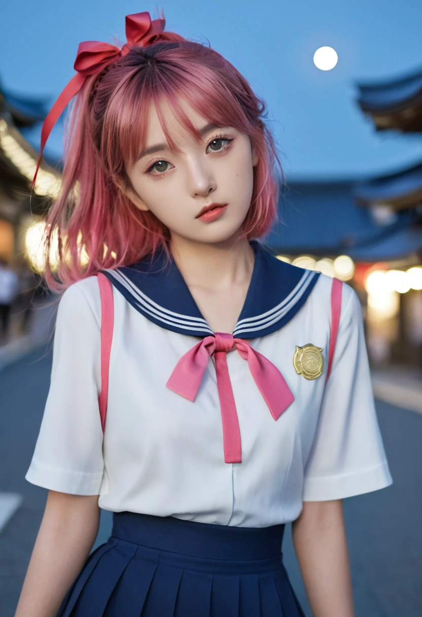 (((masterpiece: 1.5, best quality, high resolution: 1.3, Super Resolution, Super Detail, Super Detail: 1.3, Rich background: 1.2))), 1 girl, Solitary, Green Eyes, Pink long hair,Tied with a blue ribbon, Bangs, Cute hairpin, Uniforms, White Seraphon, Red sailor collar, Short sleeve, Blue pleated skirt, (outdoor), ((city center), (crowd), ((Japanese style: 1.3)), landscape, ((night)), dark, (Low light: 1.1), moon, (moonlight: 1.2), ((Dynamic Light: 1.4)), ((Head close-up))))))