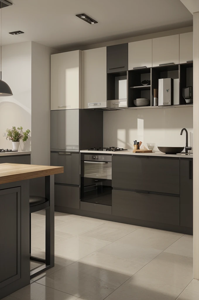 Professional 3d architecture rendering design of modern and minimal kitchen with light wooden gray color and thunder gray color and light cream color and black color