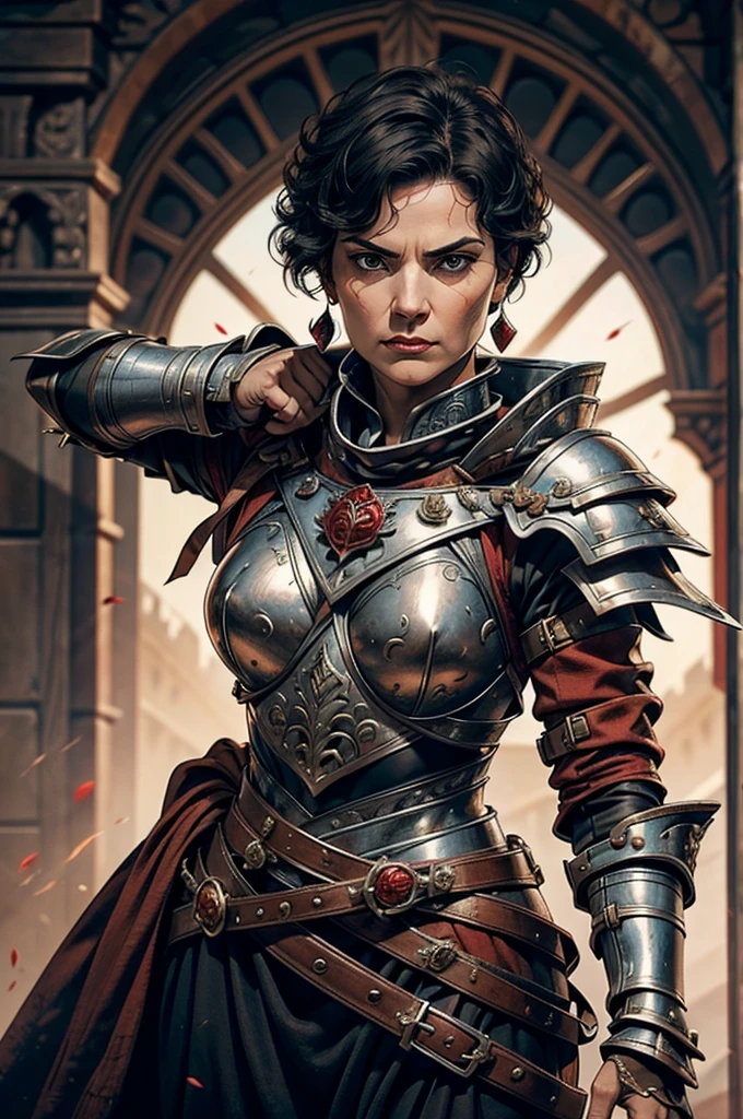 Short cropped hair, a 50-year-old woman in the -century Female battle scared warrior leader of the order of the scarlet rose, with a stern battle-hardened facial expression. Black hair. Female.
