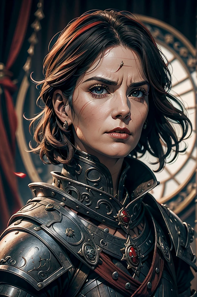 Short cropped hair, a 50-year-old woman in the 17-century Female battle scared warrior leader of the order of the scarlet rose, with a stern battle-hardened facial expression. Black hair. Female.
