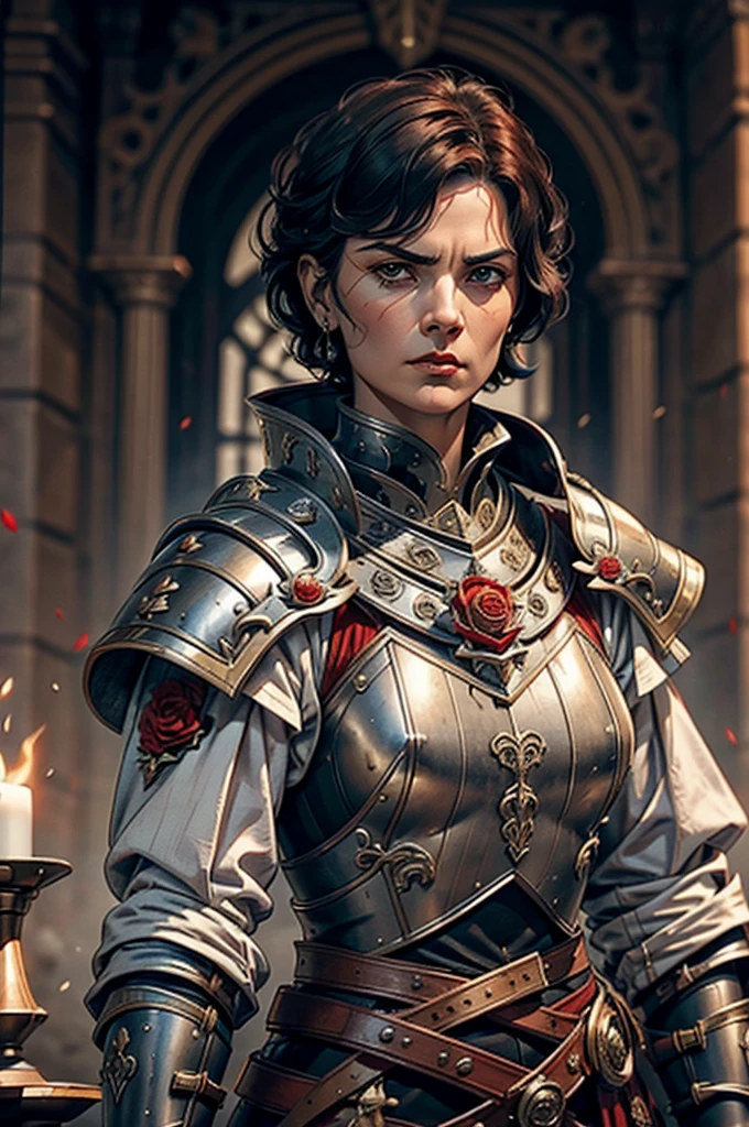 Short cropped hair, a 50-year-old woman in the -century Female battle scared warrior leader of the order of the scarlet rose, with a stern battle-hardened facial expression. Black hair. Female.
