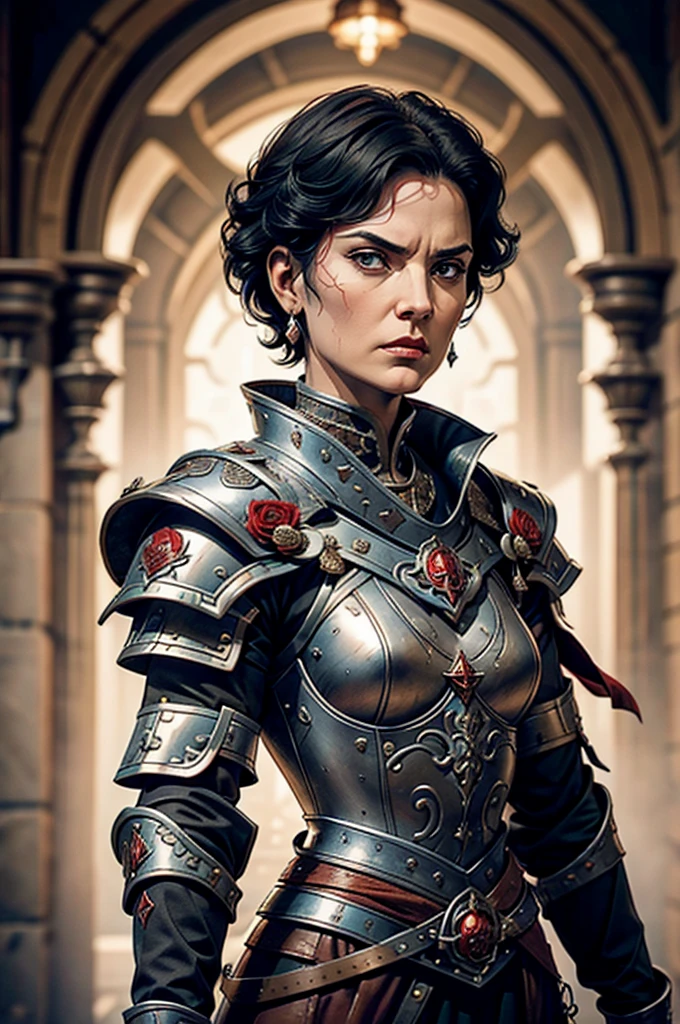 Short cropped hair, a 50-year-old woman in the -century Female battle scared warrior leader of the order of the scarlet rose, with a stern battle-hardened facial expression. Black hair. Female.
