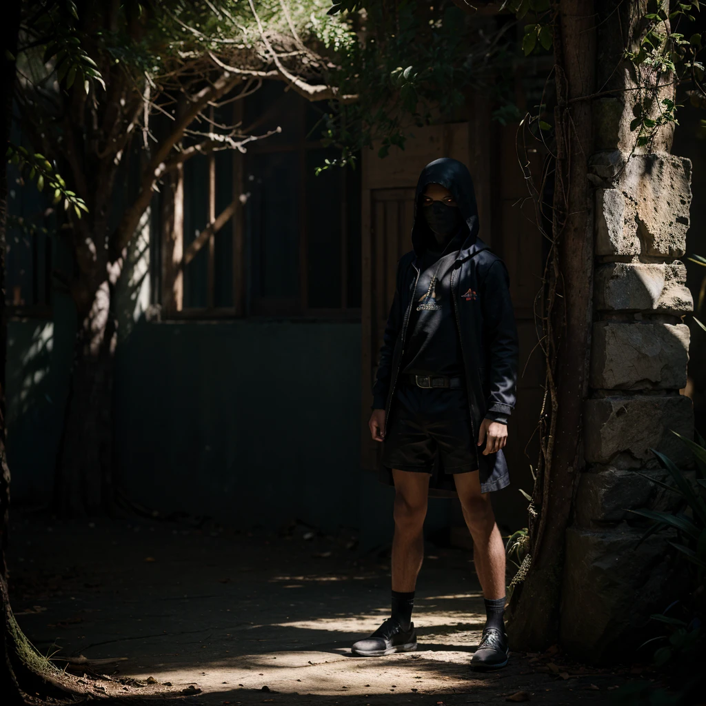 A mysterious boy with a hidden face stands in the shadows, exuding a dangerous aura in a hyper-realistic 4K ,AI world background,16k