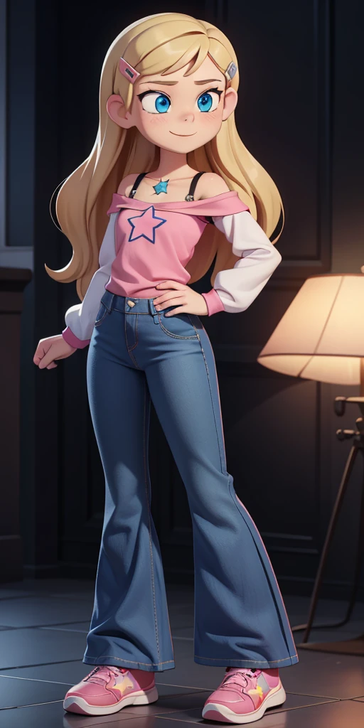 score_9, source_cartoon, 1girl, solo, Kelly Marra, looking very happy, looking very cute, long hair, blonde hair, cute blue eyes, hair ornament, hairclip, blue pants, white star (symbol) in the middle of the shirt, flare baggy blue pants(Wide flares on pants:1.2), pink sketchers shoes, Pink off shoulder t-shirt with white long sleeves,