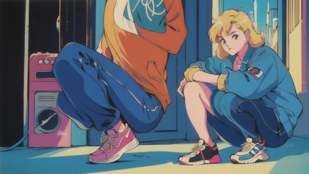 (80's, Retro, City Pop:1.5), (Album cover), (masterpiece, Highest quality, Exquisite detail), Best Photo Poses, Crouching on the city street, Dynamic Angle,girl, alone, cool, Delicate face, Wearing sunglasses, Blonde Hair, Cityscape, City of night, Casual street wear, Street side, Wearing a cap, Trendy clothing, clock, sneakers,