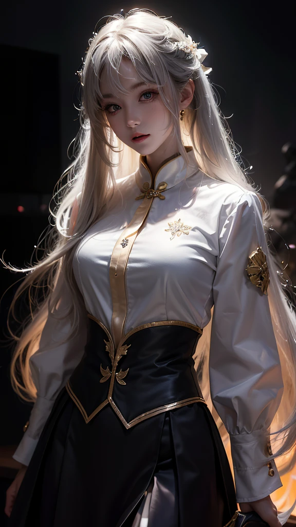 Light线追踪,{best quality},{ {masterpiece}},Extremely detailed 8k wallpaper,{Extremely refined},Colorful,Intricate details,realism,White tight shirt wrap,(detailed depiction of clothes),Cool white skin,(Apply blush carefully),1080P,sun,Soft,Smooth Light silver hair,The beauty of chaos,Light,Sense of Brokenness,皮肤Light滑如丝,3d,masterpiece,best quality,Illustrations are very detailed,beautiful eyes,Very delicate Light,Fine Light,Very detailed 8k CG wallpaper,Peach Blossom Eyes,Red pupil,Extremely refined女孩,8k wallpaper,best quality,noon,Pure beauty,Close-up half-length photo,White Chinese style telephoto lens,image(Front focus), (in the darkness:1.6), 大卫·霍克尼和阿尔方斯·穆夏的超realism女性肖像, Fantasy Art, Photo-realistic, Dynamic Lighting, Art Station, poster, Volumetric Lighting, Very detailed face, 4K, The award-winning, 1 girl, in the darkness, Deep Shadows, Low profile, Cowboy shooting, (Official uniform:1.4), Long hair, White hair