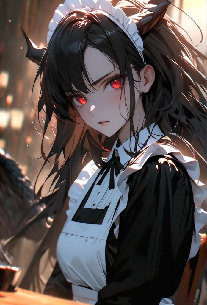 (solo), black hair, messy hair, mane hair, long hair, dense hair, wild hair, expressive hair, mature,(25 year old), pale skin, red eyes, ((woman)), maid,maid headdress,looking at viewer,apron, black dragon horns,, serious, black wings, beautiful, attractive, eye reflection, depth of field, thunder aura,cinematic lighting, ray tracing, depth of field, cinematic lighting, ray tracing, UHD, high details, best quality, highres, high quality, award winning, super detail, masterpiece, 8k, UHD, high details, best quality, highres, high quality, award winning, super detail, masterpiece, 8k, digital art, anime coloring, full body, body shot, good face, perfect face, detailed face, good eyes, sitting on a throne
