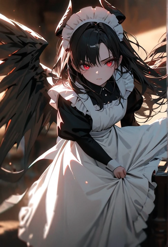 (solo), black hair, messy hair, mane hair, long hair, dense hair, wild hair, expressive hair, mature,(25 year old), pale skin, red eyes, ((woman)), maid,maid headdress,looking at viewer,apron, black dragon horns,, serious, black wings, beautiful, attractive, eye reflection, depth of field, thunder aura,cinematic lighting, ray tracing, depth of field, cinematic lighting, ray tracing, UHD, high details, best quality, highres, high quality, award winning, super detail, masterpiece, 8k, UHD, high details, best quality, highres, high quality, award winning, super detail, masterpiece, 8k, digital art, anime coloring, full body, body shot, good face, perfect face, detailed face, good eyes, sitting on a throne