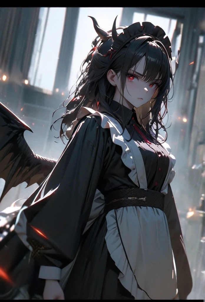 (solo), black hair, messy hair, mane hair, long hair, dense hair, wild hair, expressive hair, mature,(25 year old), pale skin, red eyes, ((woman)), maid,maid headdress,looking at viewer,apron, black dragon horns,, serious, black wings, beautiful, attractive, eye reflection, depth of field, thunder aura,cinematic lighting, ray tracing, depth of field, cinematic lighting, ray tracing, UHD, high details, best quality, highres, high quality, award winning, super detail, masterpiece, 8k, UHD, high details, best quality, highres, high quality, award winning, super detail, masterpiece, 8k, digital art, anime coloring, full body, body shot, good face, perfect face, detailed face, good eyes, sitting on a throne