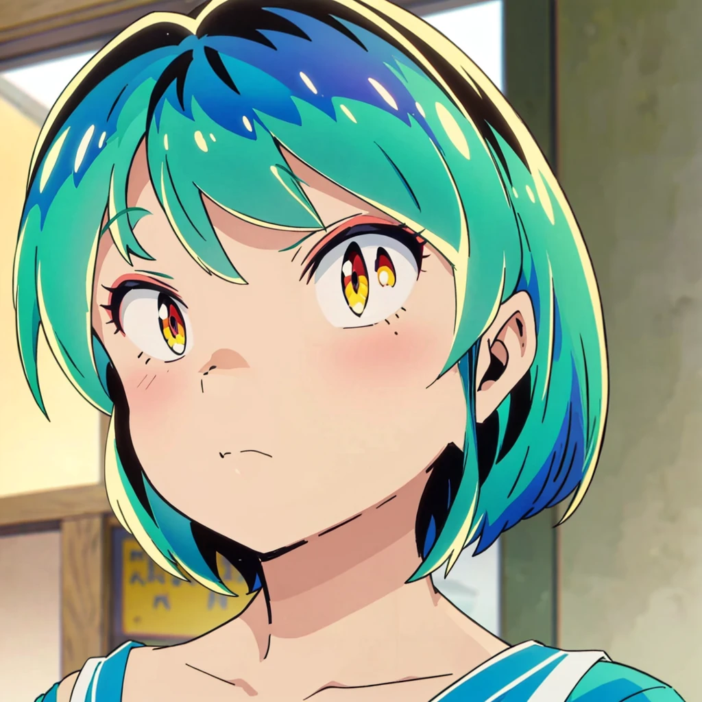 masterpiece, Highest quality, 1 Girl, Lum, 比基尼, anime, Short Hair, Face close-up, Looking down, I despise, Disgust, High definition, Squint your eyes
