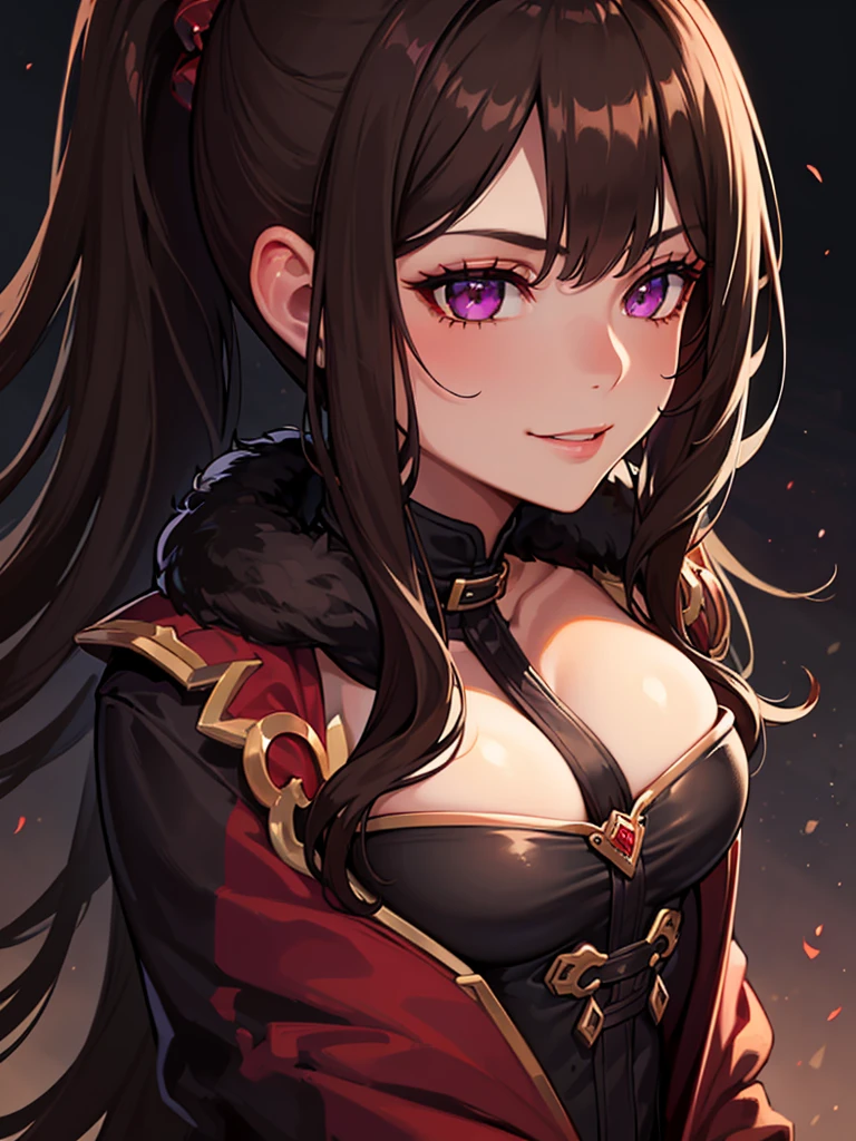 ((masterpiece)), ((best quality)), 1girl, adult, long hair, big bust, ((brown hair)), ((intimidant look)), ((close-up)), profile image, black and red clothes, sexy, dark colors, ((coat with fur)), ((wavy hair)), exposed skin, ((sexy pose)), good anatomy, ((dark sage clothes)), ((straight cut bangs)), emotionless, intimidant, ((beautiful eyes)), dark background, close up, ((detailed eyes)), ((detailed face)), hair bang, frontal look, relaxed, smile, queen, ponytail, violet eyes