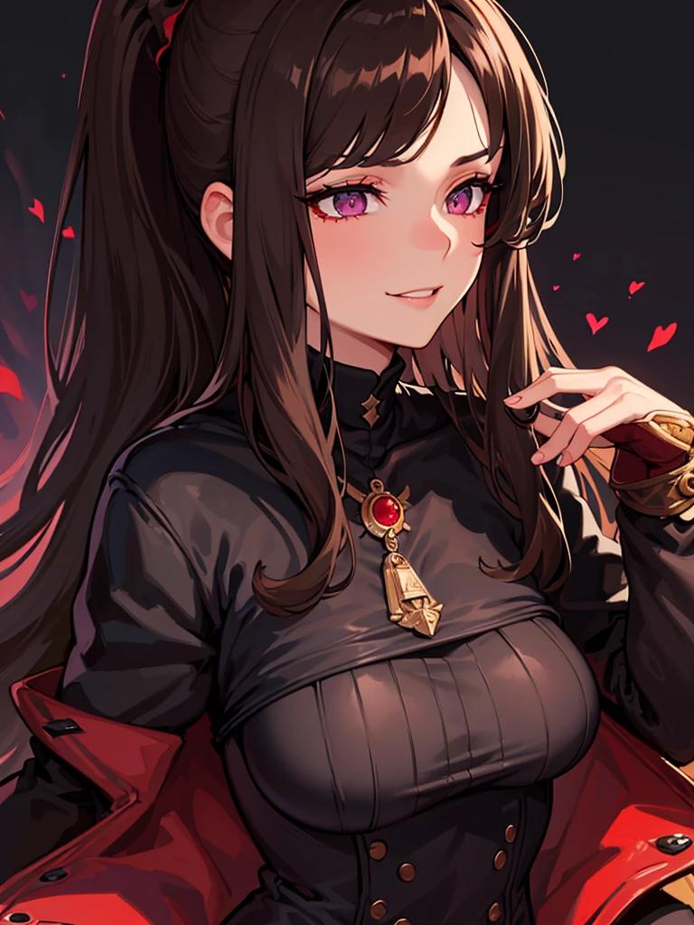 ((masterpiece)), ((best quality)), 1girl, adult, long hair, big bust, ((brown hair)), ((intimidant look)), ((close-up)), profile image, black and red clothes, sexy, dark colors, ((coat with fur)), ((wavy hair)), exposed skin, ((sexy pose)), good anatomy, ((dark sage clothes)), ((straight cut bangs)), emotionless, intimidant, ((beautiful eyes)), dark background, close up, ((detailed eyes)), ((detailed face)), hair bang, frontal look, relaxed, smile, queen, ponytail, violet eyes