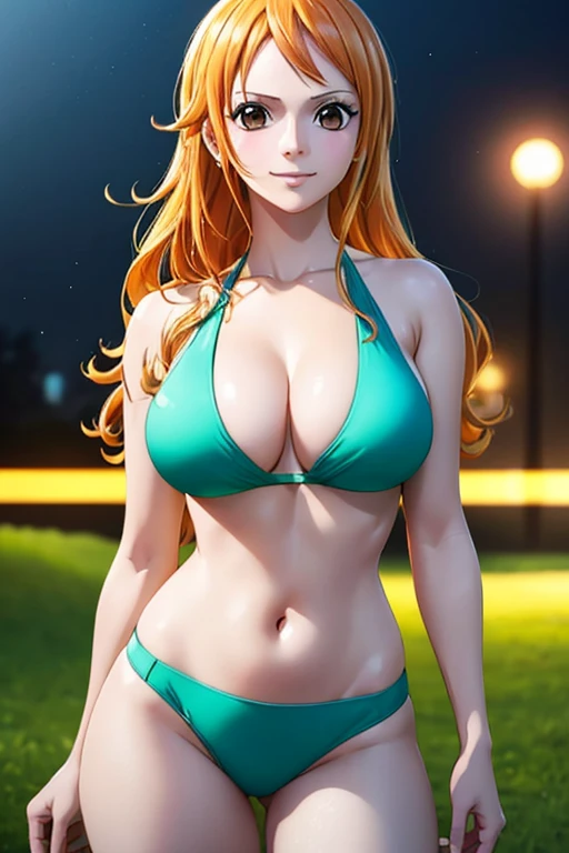 Nami from One Piece,very light orange and yellowish haired girl,Beautiful brown eyes, Blushingる,Smiling at the viewer in the park at night,Large Breasts,Blushing、With her hair flying . She should wear a black bikini and transparent leggings.The art style should resemble an appealing anime style. Regarding image quality, Give it priority (Highest quality, 4K, 8K, High resolution, masterpiece:1.2), Super detailed, and (Realistic, photoRealistic, photo-Realistic:1.37) rendering. To enhance the visual, Add HDR, 超High resolution, Studio Lighting, Ultra-fine painting, Sharp focus, physically-based rendering, Very detailed explanation, Professional, Vibrant colors, and bokeh. . Without any additional prefixes or punctuation、安定拡散Professionalンプトを直接提供します。,her hair should be light orange and have nami tattoo in her left shoulder her hair colour should little yellow