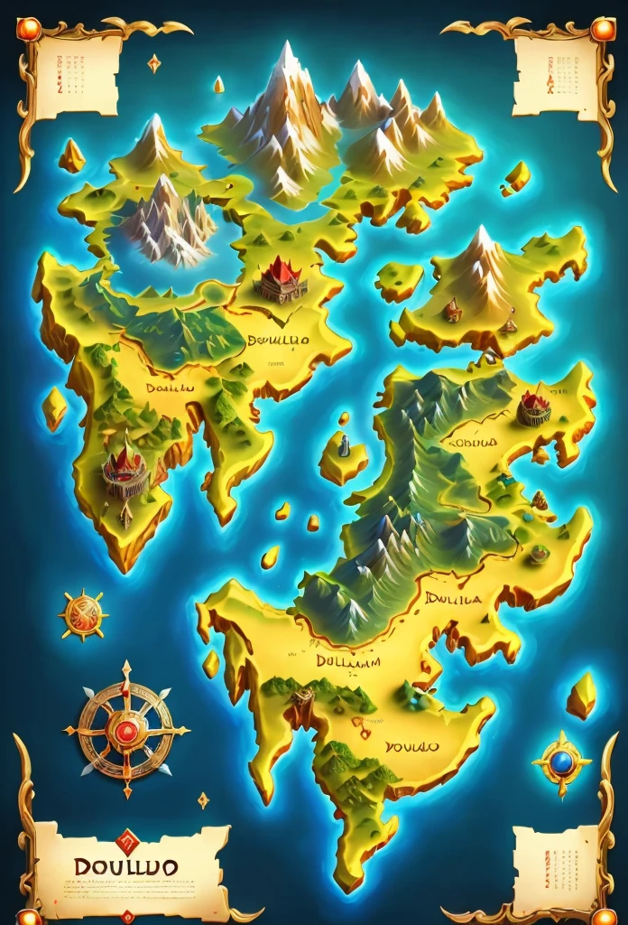 Close up of a fantasy world map with a volcano, highly detailed map, Official Art, Detailed fantasy map, MapPatreon, Map of the fantasy world, game map matte painting, Fantasy World Map, game map, Epic Landscapes, Facing the world map, Official Artwork, The above points, Colorful concept art, Magic battlefield background, The Legend of Zelda: Breath of the Wild Map
