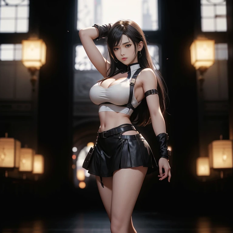 (((Full and soft breasts,)))(((Huge breasts))) (((Cleavage))) (Perfect curvy figure)(best quality,Ultra Detailed),(Practical:1.37),Tifa Lockhart, Beautiful and delicate face, Dark Circle Makeup, Ultra-realistic textures, Delicate face, Delicate body, physical fitness, Serious expression
