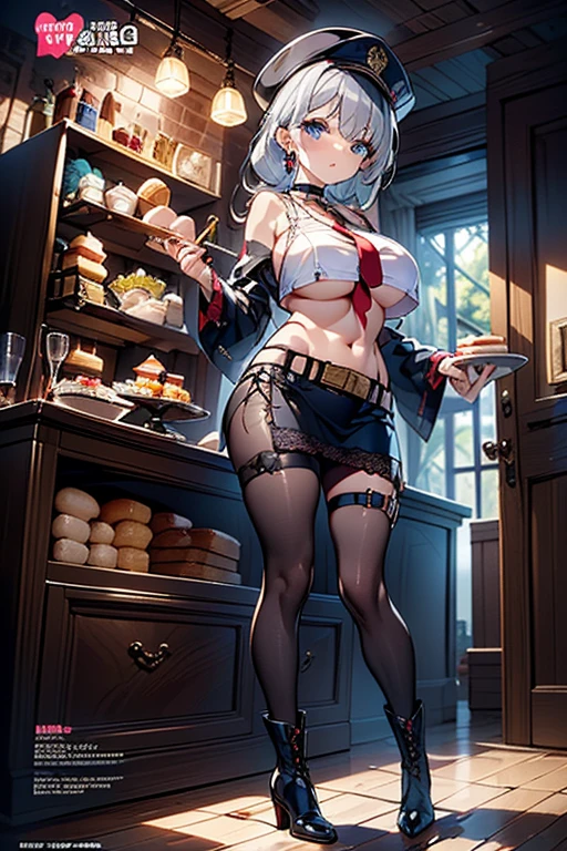 (perky chest:1.2), (pointed chest:1.2),(icecream magazine cover:1.3),(from below:1.2),(shoot from the side:1.1),(((Black Tunic:1.3))),(((cakes and bread in the basket),a 23yo Cute and beautiful girl,masterpiece、highest quality、Very detailed、Beautiful fine details、Detailed landscape、Braided Ponytail、Red camisole、((B cup breasts, Tank top showing underboob:1.0)), thigh strap, bangs, necktie, earrings, nail polish, fishnet pantyhose, silver hair, looking at viewer, full body, bottle, own hands together, belt, food, ring, choker, english text paper:1.2, collared shirt, blue eyes, hat,lace-up boots ,