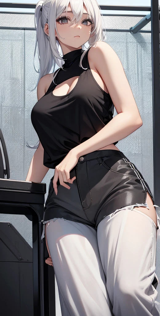 (Best quality, 4k, Masterpiece :1.3, 8k, ultra-detailed, ultra-masterpiece), mature pretty woman, ultra-detailed face, detailed lips, full lips, detailed eyes, double eyelid, wide hips, thick thighs, smooth skin, (big breasts:1.4), white hair, ((red eyes)), ((thicc body)), tall, (skinny jeans), (black leather jacket), (white tank top), (Reading a book in a room), sitting in a chair, reading a book in a room, background window with several buildings in the background