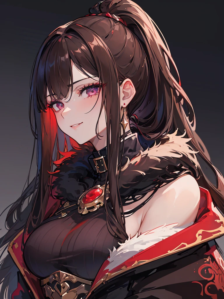 ((masterpiece)), ((best quality)), 1girl, adult, long hair, big bust, ((brown hair)), ((intimidant look)), ((close-up)), profile image, black and red clothes, sexy, dark colors, ((coat with fur)), ((wavy hair)), exposed skin, ((sexy pose)), good anatomy, ((dark sage clothes)), ((straight cut bangs)), emotionless, intimidant, ((beautiful eyes)), dark background, close up, ((detailed eyes)), ((detailed face)), hair bang, frontal look, relaxed, smile, queen, ponytail, violet eyes