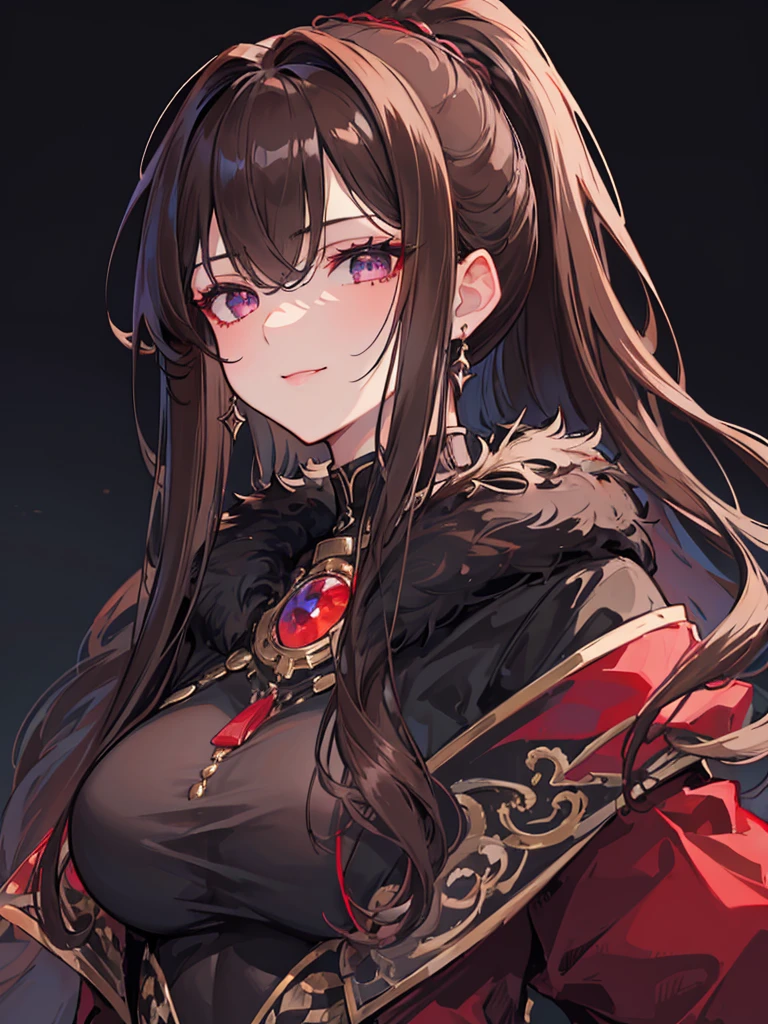 ((masterpiece)), ((best quality)), 1girl, adult, long hair, big bust, ((brown hair)), ((intimidant look)), ((close-up)), profile image, black and red clothes, sexy, dark colors, ((coat with fur)), ((wavy hair)), exposed skin, ((sexy pose)), good anatomy, ((dark sage clothes)), ((straight cut bangs)), emotionless, intimidant, ((beautiful eyes)), dark background, close up, ((detailed eyes)), ((detailed face)), hair bang, frontal look, relaxed, smile, queen, ponytail, violet eyes