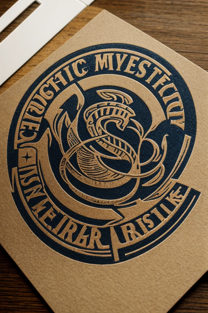 Create an old postcard stamp logo for an urban clothing store with the name “Mystic”