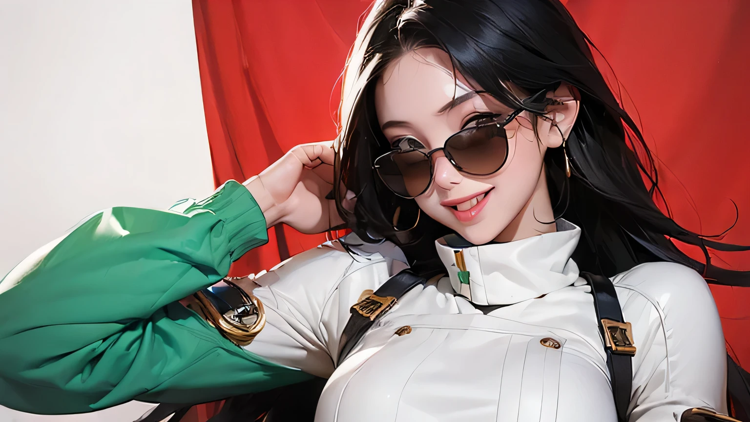 (masterpiece, best quality, 8k wallpaper, high resolution, ultra realistic), 1 woman, 1 girl with sunglasses, 18 years old, woman with long black hair, laughing, smiling, 8k, RAW portrait (Japanese woman), masterpiece, photorealistic: 1.3, realistic, ultra high resolution, highest quality, real life photo, (in the evening: 1.1), ((((1 girl: 1.5))))(cute face: 1.3), perfect proportions, 80s oversized sunglasses,, steampunk, col: white/green, face retouch, labrador, robot suit, chrome skin, savvy, anime cosplay, enhanced cyber, skin color –, slim , red scarf, light colored background, two people posing. smiling, looking at you and laughing, grinning,