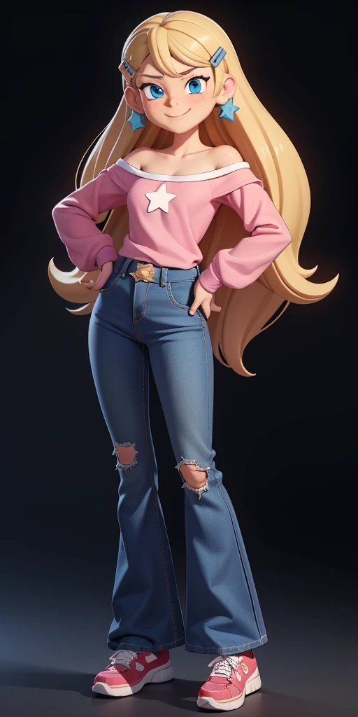 score_9, source_cartoon, 1girl, solo, Kelly Marra, looking very happy, looking very cute, long hair, blonde hair, cute blue eyes, hair ornament, hairclip, blue pants, white star (symbol) in the middle of the shirt, flare baggy blue pants(Wide flares on pants:1.2), pink sketchers shoes, Pink off shoulder t-shirt with white long sleeves,