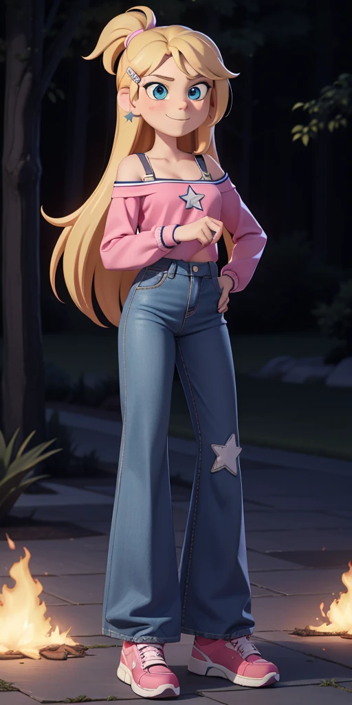 score_9, source_cartoon, 1girl, solo, Kelly Marra, looking very happy, looking very cute, long hair, blonde hair, cute blue eyes, hair ornament, hairclip, blue pants, white star (symbol) in the middle of the shirt, flare baggy blue pants(Wide flares on pants:1.2), pink sketchers shoes, Pink off shoulder t-shirt with white long sleeves,
