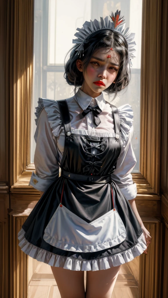 best quality, masterpiece, franziskavkarma, solo, 1girl,,embarrassed, maid headdress, maid apron, maid, facing viewer, annoyed,