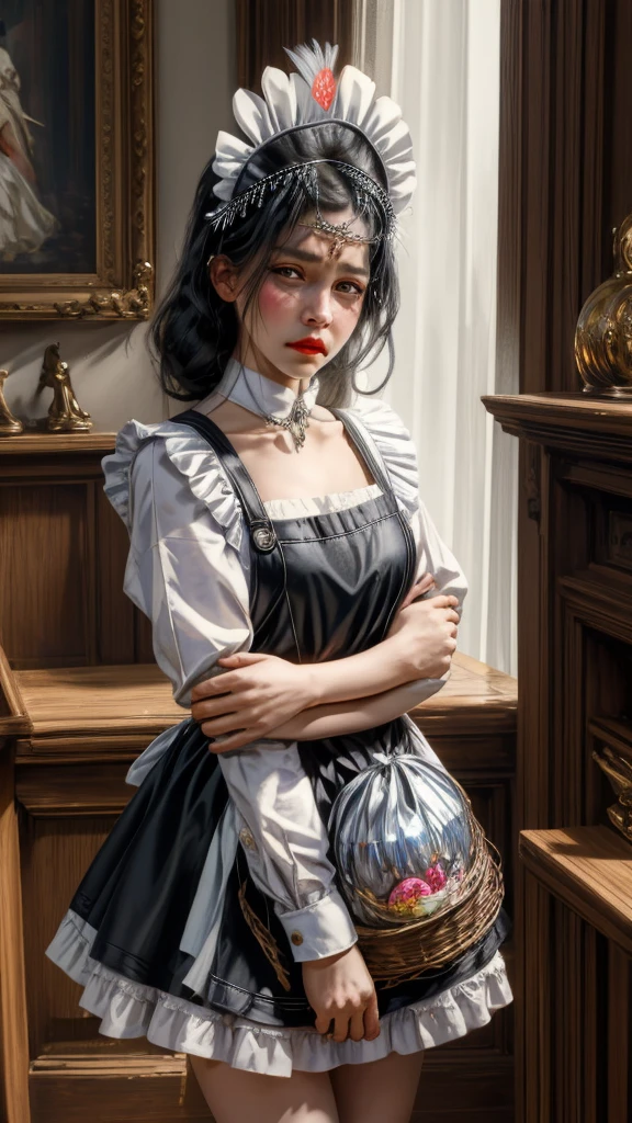 best quality, masterpiece, franziskavkarma, solo, 1girl,,embarrassed, maid headdress, maid apron, maid, facing viewer, annoyed,