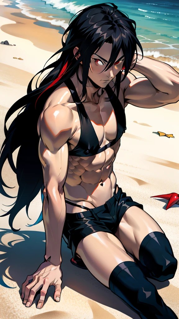 アニメ cel-shading Akame, red eyes, black hair, bikini, on the beach in ((anime + manga + comics + cartoon) style) 