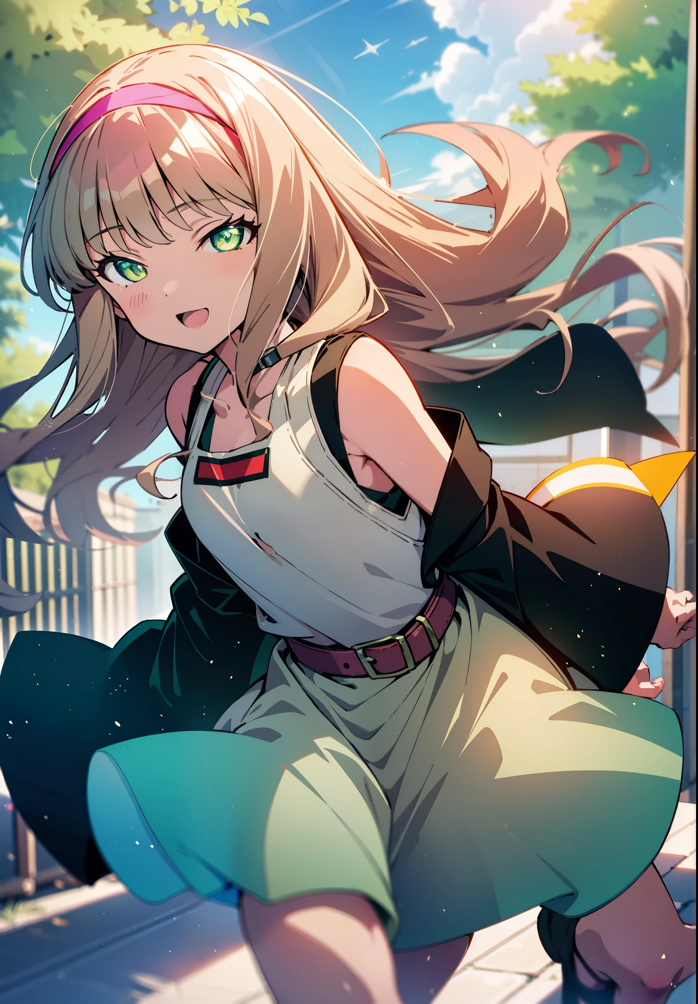 minami yume ,sss Dynazenon ,Long Hair, Brown Hair, (Green Eyes:1.5) ,Center of chest,hair band,ponytail,happy smile, smile, Open your mouth, Blue sleeveless dress,Long skirt,Cute heeled sandals,whole bodyがイラストに入るように,Daytime,Clear skies,Walking,
break looking at viewer, whole body,(Cowboy Shot:1. 5),
break outdoors, Building district,
break (masterpiece:1.2), Highest quality, High resolution, unity 8k wallpaper, (shape:0.8), (Beautiful and beautiful eyes:1.6), Highly detailed face, Perfect lighting, Highly detailed CG, (Perfect hands, Perfect Anatomy),